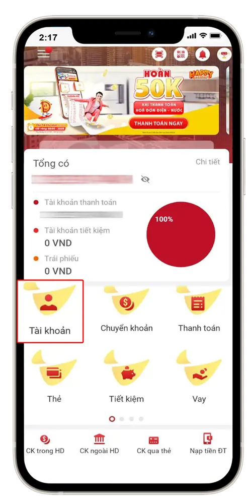 Bước 1 : tại Trang chủ =>> chọn Tài Khoản
